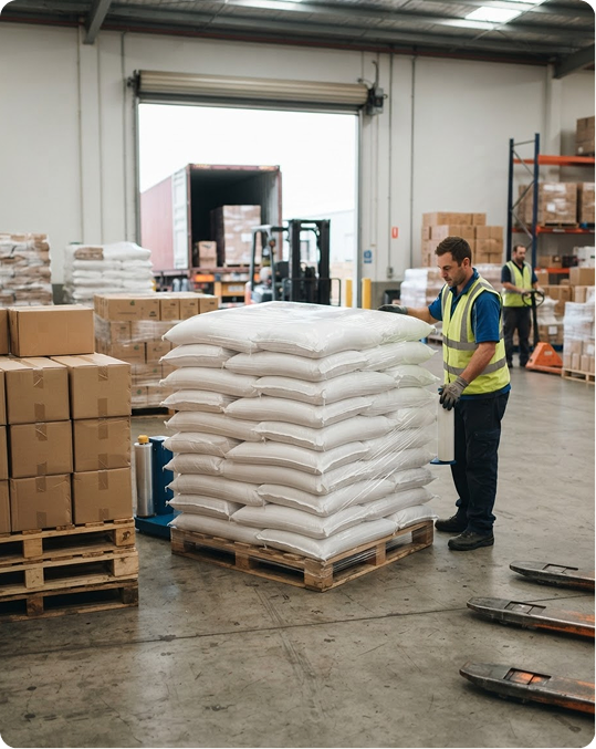 Warehouse team preparing export sacks